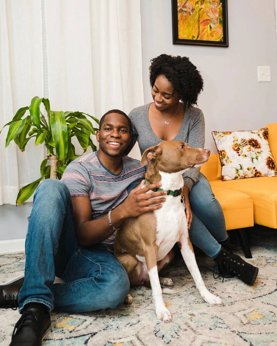 A man and woman sitting on the ground with their dog.